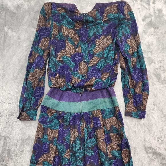 Vintage Patty O'Neil Dress Womens 8 Green Purple Floral Leaves Rayon Suede - Picture 4 of 11